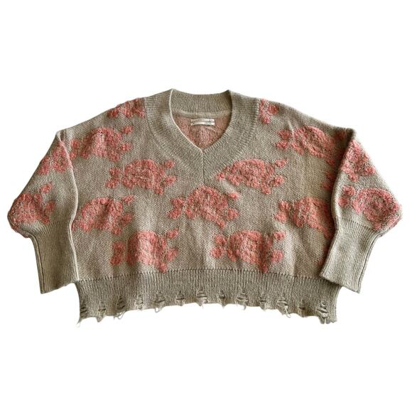 Anthropologie Sweaters - by Anthropologie Luclia Distressed‎ Hem Boxy Floral Intarsia V Neck Sweater S P